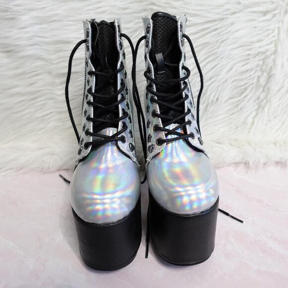 Demonia Torment-712 Silver Hologram Platform Boots - Picture 4 of 13